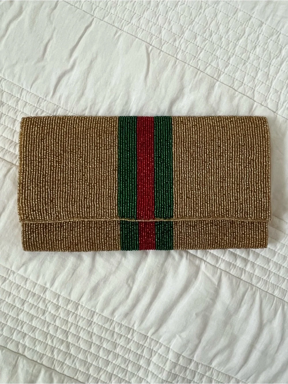 Gold Beaded Clutch with Green & Red Stripe